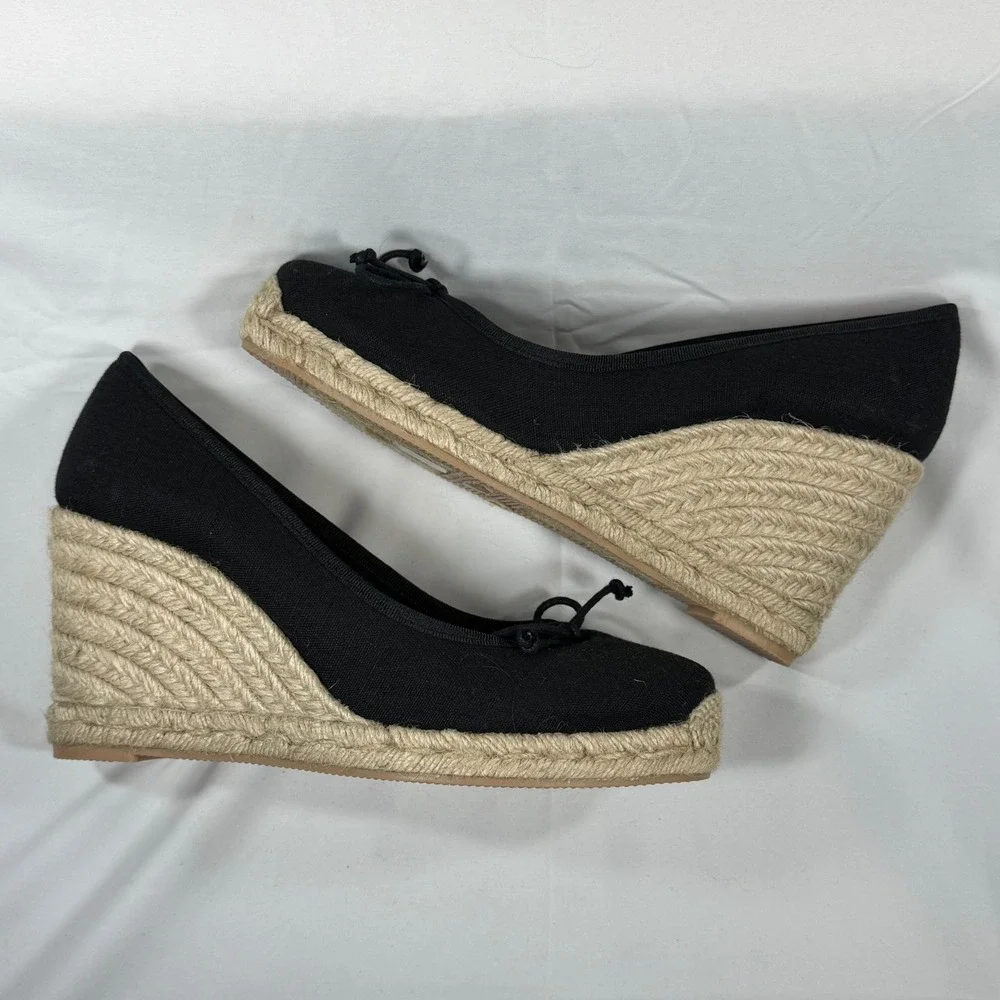 J. Crew Seville Black Canvas Espadrille Wedge Pumps Bow Detail Made in Spain